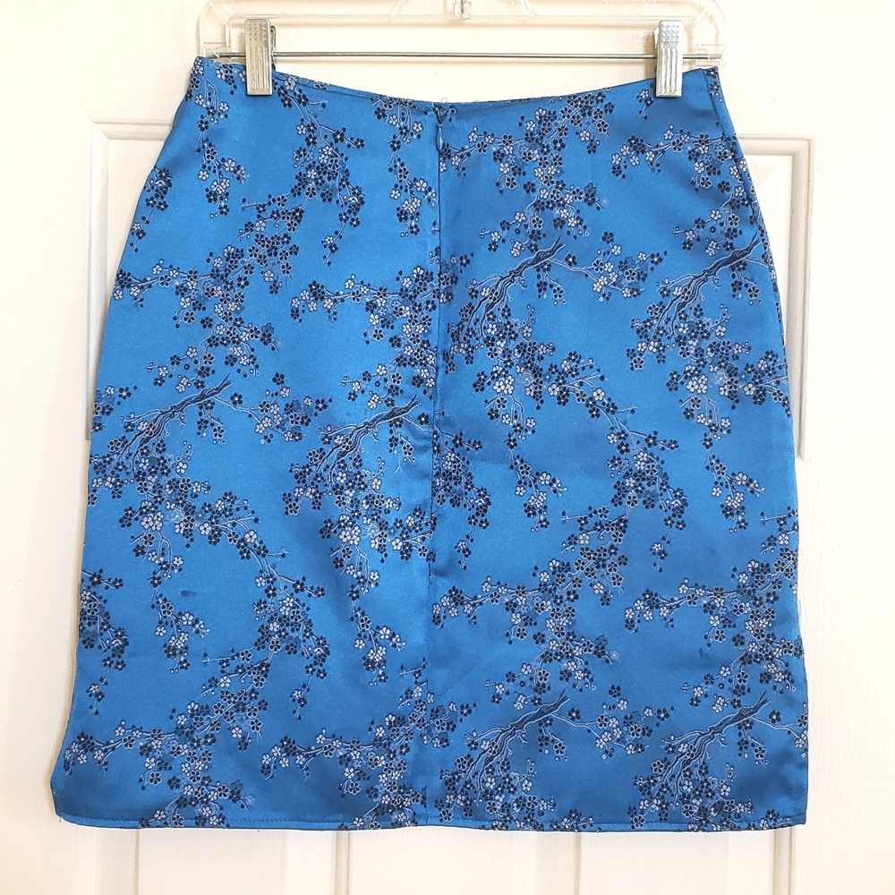 Vintage 90s Y2K Satin Cherry Blossom Skirt Blue Black White MEDIUM Kawaii - Picture 8 of 13